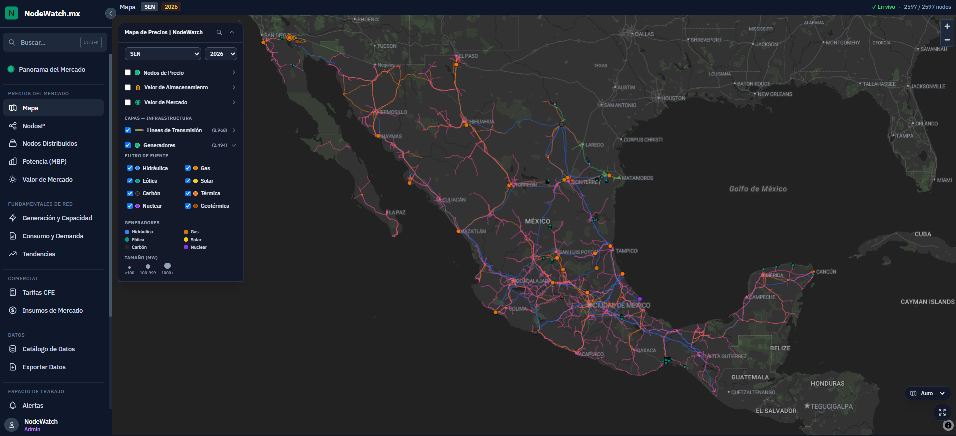 Mapa de infraestructura en NodeWatch: líneas de transmisión por voltaje y centrales generadoras por tecnología sobre México
