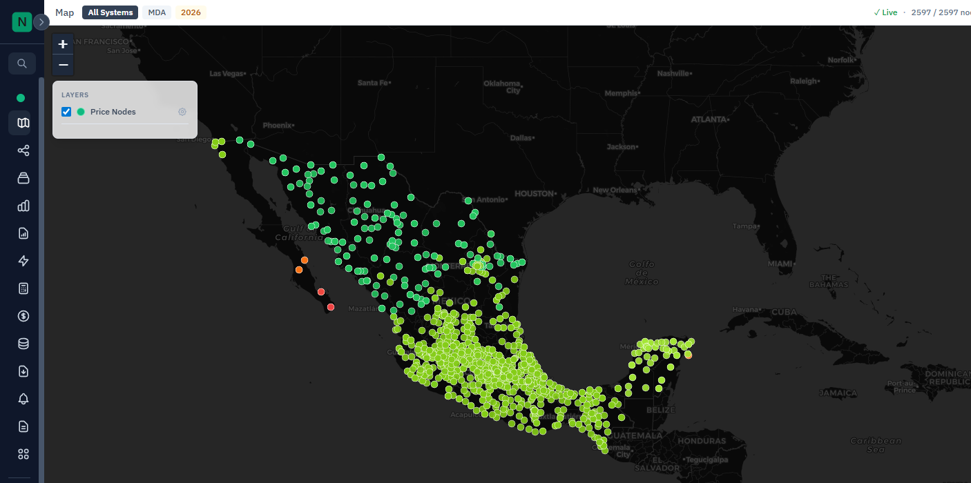 Mapa de precios de NodeWatch: 2,597 nodos de CENACE sobre México, codificados por color según el PML del día