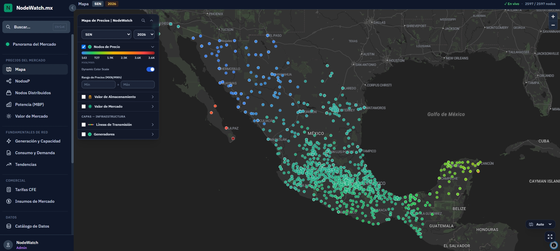 Mapa de precios de NodeWatch: 2,597 nodos de CENACE sobre México, codificados por color según el PML del día con capas de valor e infraestructura